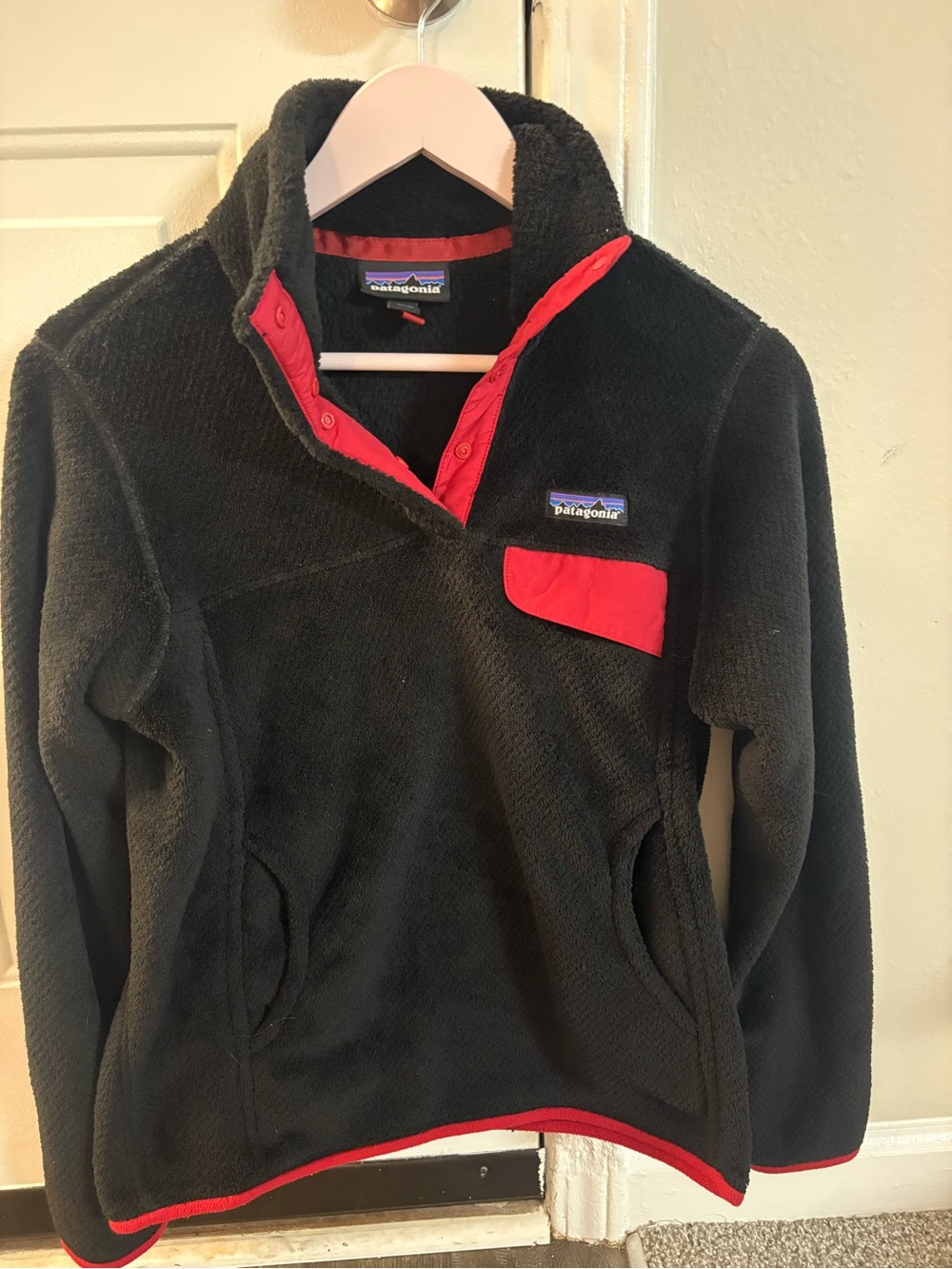 Patagonia Women’s Black Fleece Pullover with Red Accents